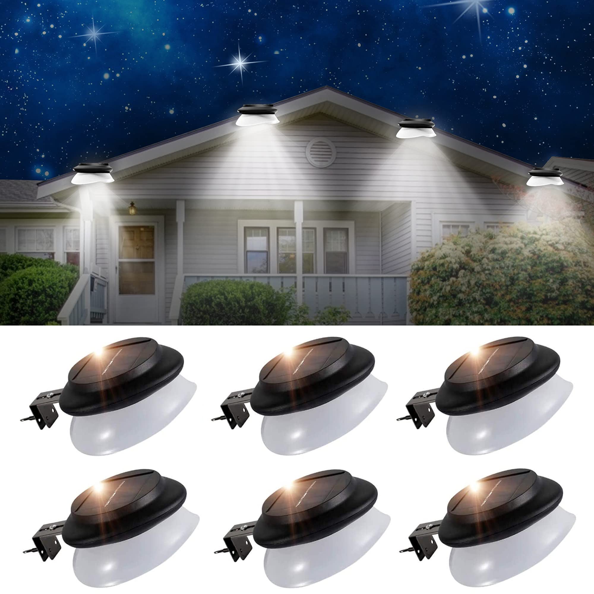 SMY Lighting Solar Powered Outdoor LED Gutter Lights with Adjustable Bracket, IP55 Waterproof Solar Fence Lights for Garden Wall Yard (6 Pack Pure White)