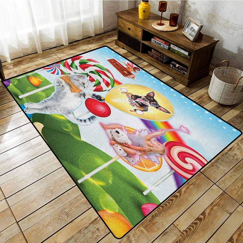 Hallway Rug，Kids，Colorful Fantasy Land Rainbow Candy Trees Cat Dog Fairy Girl Boy Flying in Suitcase，Anti-Slip Doormat Footpad Machine Washable Multicolor