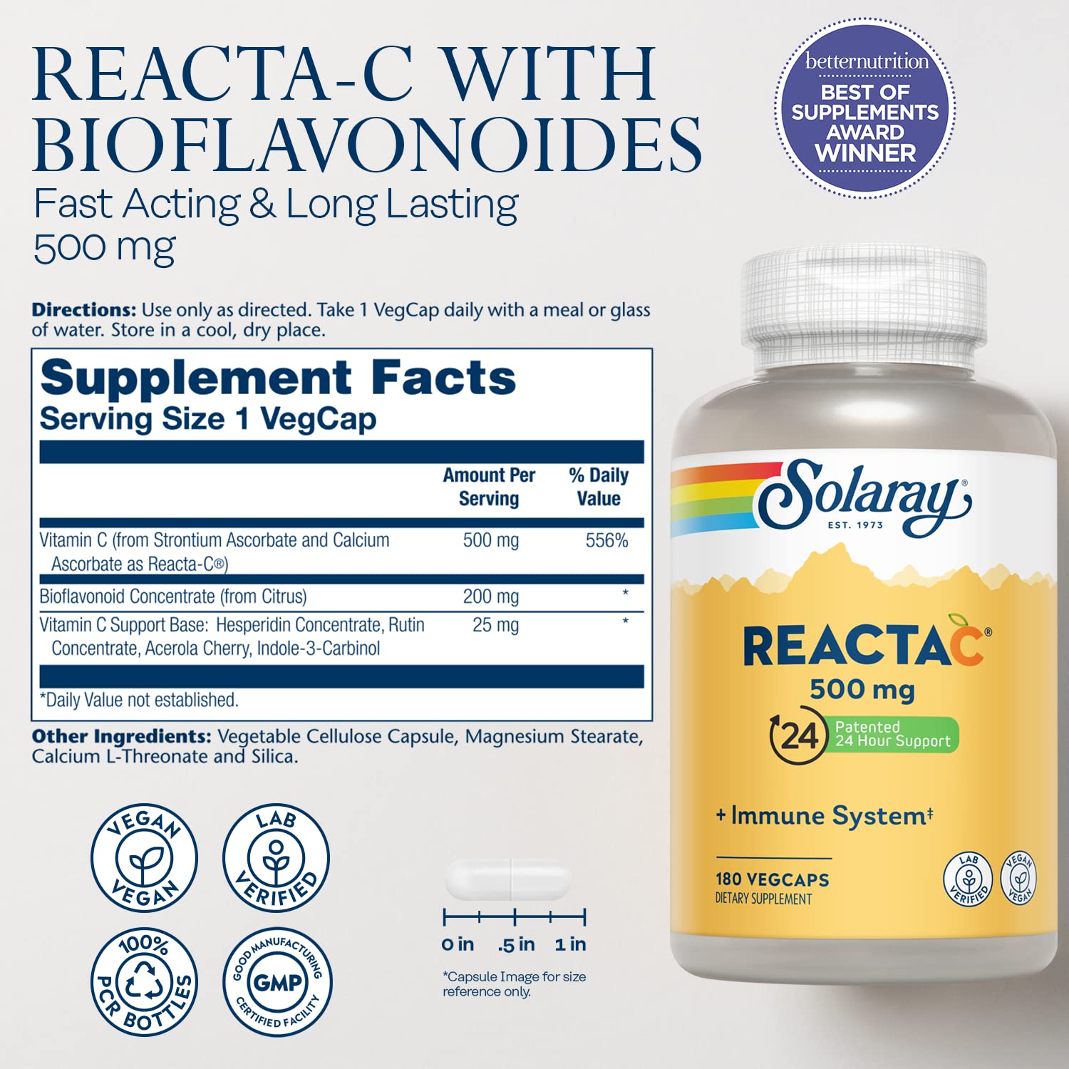 SOLARAY Reacta-C with Vitamin C 500mg - 200mg Bioflavonoid Concentrate, Immune Defense Vitamins - Patented 24 Hour Immune Support Supplement - Vegan - 180 Capsules, 180 Servings