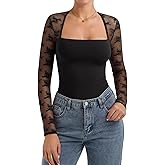 PINKMSTYLE Women Sexy Square Neck Lace Long Sleeve Tops Slim Fit Double Lined Trendy Y2K Going Out Fall Shirts