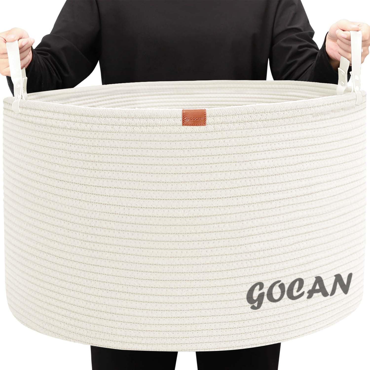 GOCAN XXXL Large Laundry Basket Storage Basket for Toys Cotton Rope Basket D55 x H35 cm Basket for Storage with Handles for Blankets Toy Cushion Living Room, Cream