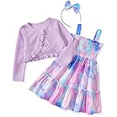 HINTINA Toddler Girl Strap Smocked Tired Dress And Long Sleeve Ruffle Cardigan 2 Piece Outfits
