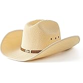 Lanzom Men Wide Brim Western Cowboy Hat Classic Style Straw Western Cowgirl Hat with Leather Buckle