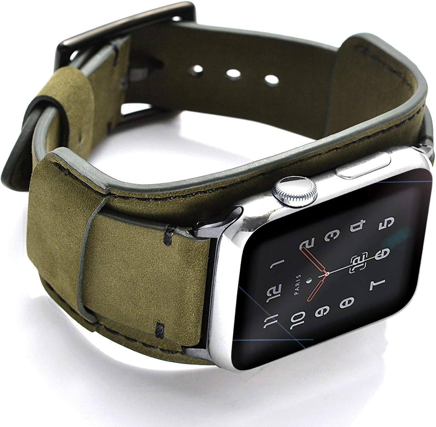 Leotop Unisex-Adults Genuine Leather Cuff Replacement Bracelets with Stainless Steel Clasp for iWatch Series 44/42mm Green