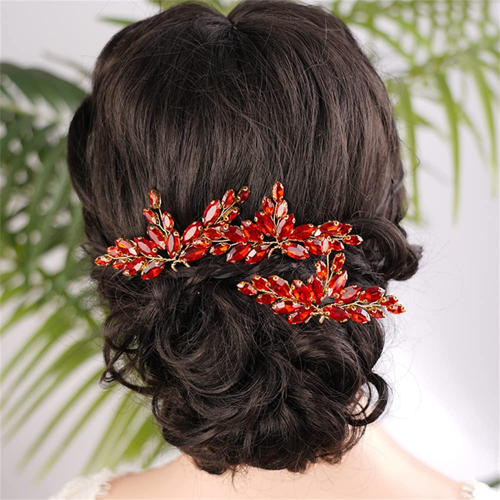 BERYUAN Wedding Red Crystal Rhinestone Hair Pins Teardrop Rhinestone Wedding Headband Rhinestone Hair Pins Silver Gold Bridal Hair Piece for Brides Bridesmaid Girls (RED)