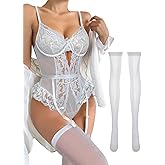 Lilosy Sexy Stocking Lace Mesh Bodysuit Top Underwire Garter Lingerie Set 3 Piece