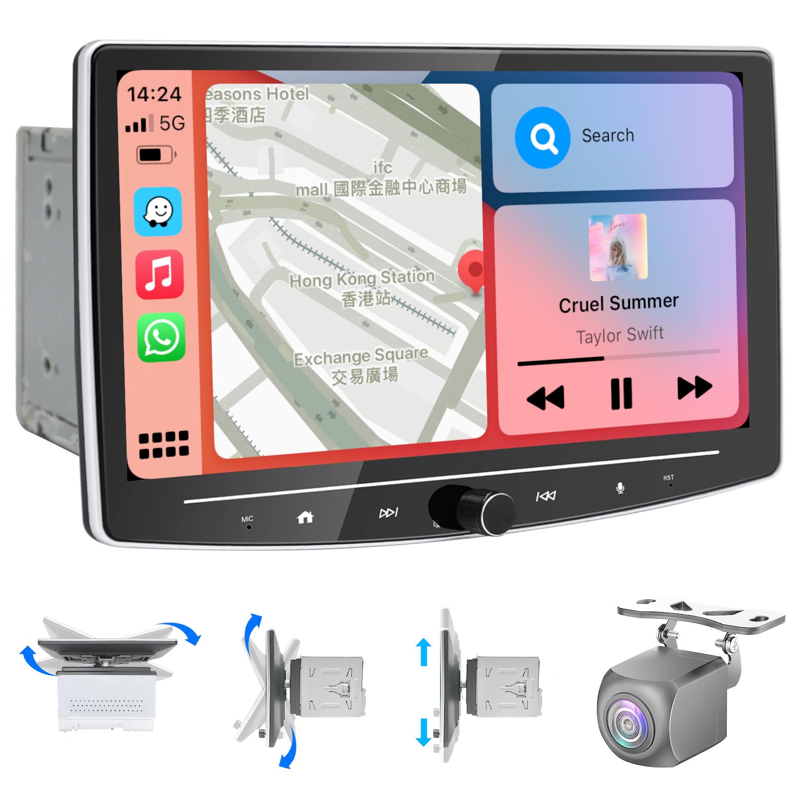 Photo 1 of 10 Inch Double Din Car Stereo Wireless CarPlay Wireless Android Auto, Adjustable 2+64G Android Touchscreen Car Radio Audio Receiver with WiFi, Rearview Camera,GPS Navigation,Bluetooth/FM,USB/SWC/AUX