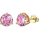 JustBeingCute 3-Prong Sterling Silver Earrings, Round CZ Colorful Stone Flat Back Studs Hypoallergenic Earrings for Women, Valentine's Day Engagement Jewelry Gifts—4/5/6/6.5/7.5/8mm