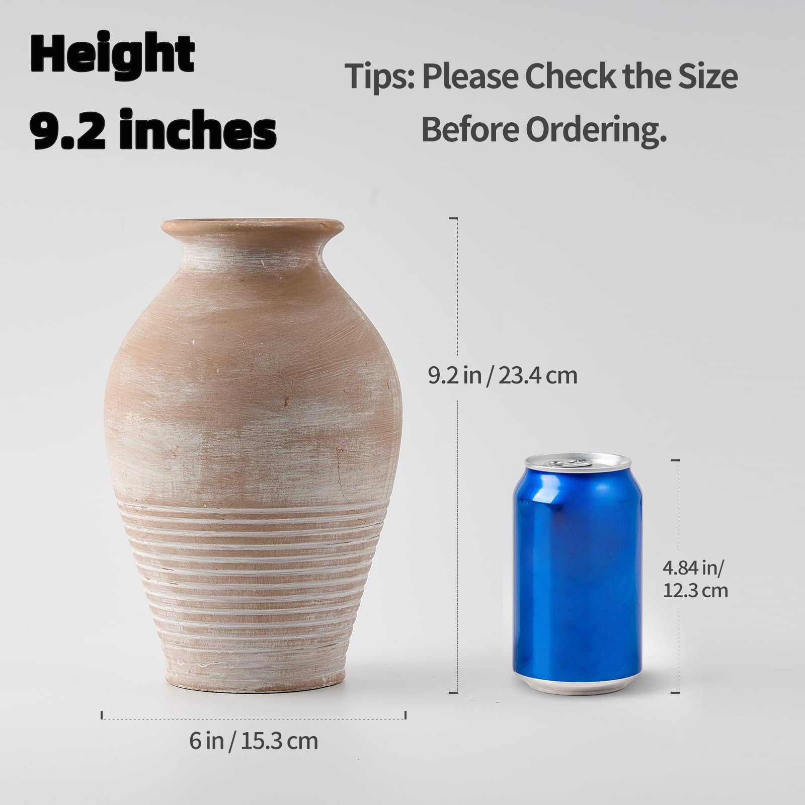 LUKA Ceramic Rustic Farmhouse Vase, 9.2 inch Whitewashed Terracotta Vase, Pottery Decorative Flower Vase,Clay Decorative Vases for Home Decor, Table, Living Room, Shelf, Mantel Decoration - Image 2