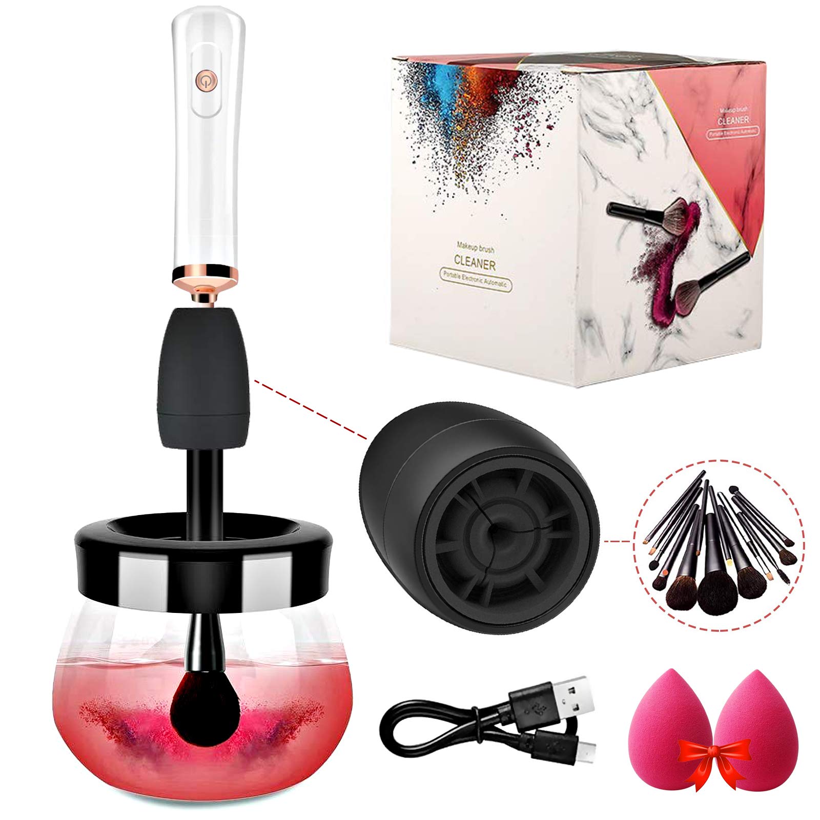SAKUUMI Makeup Brush Cleaner, USB Rechargeable Electric Makeup Brushes Cleaner and Dryer Spinner Automatic Fast & Deep Cleaning Tools Machine with 2 Makeup Sponge Beauty Blenders