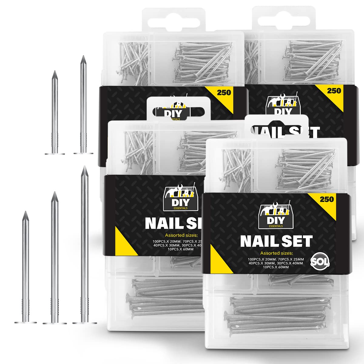 SOL 1000pk Nail Set - 60mm, 40mm, 30mm, 25mm, 20mm - Versatile Iron Nails for DIY Projects, Crafting, and Home Décor - Multipurpose Assorted Sizes for Repairs & Woodworking