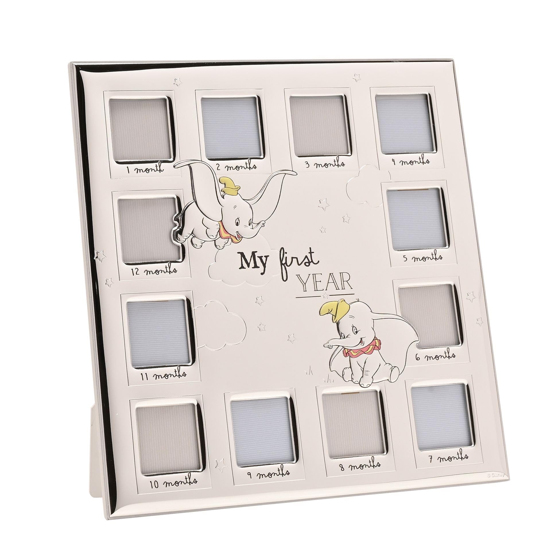 Disney – Dumbo – Real Silver-Plated Multi 12 Aperture Photo Frame 'My First Year' – Made in Italy – Officially Licensed Disney Merchandise – Self-Standing Wood Back - Early Years, Nursery, Kids.