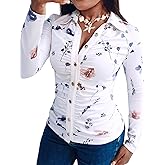 CHICME Womens Floral Print Button Down Shirt Long Sleeve Ruched Front Slim Fit Blouse Casual Office Tops