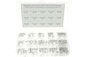 MCMASKE 750PCS M1 M1.2 M1.4 M1.6 M2 Metric Stainless Steel Phillips Flat Head Machine Screws Assortment Kit