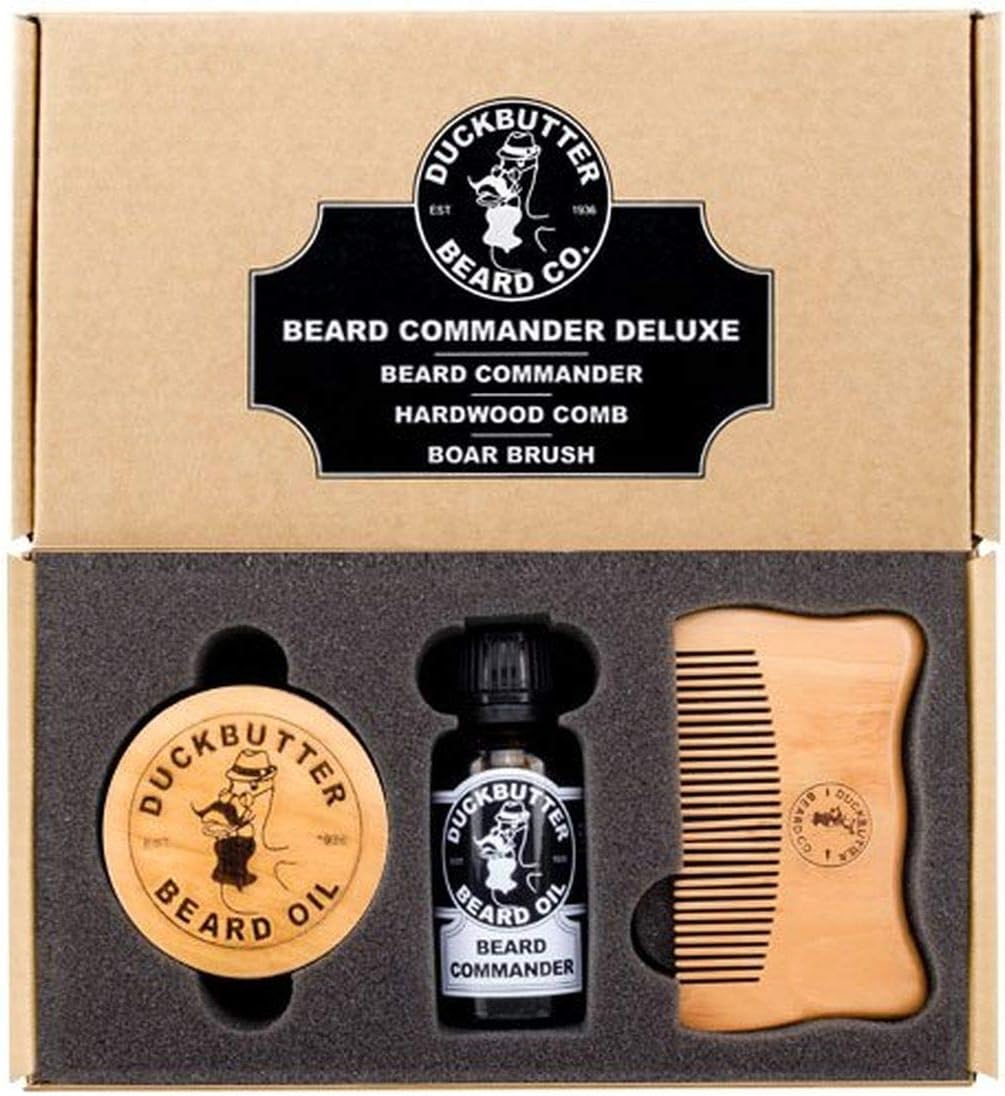 DUCKBUTTER Beard Oil Deluxe Gift Set - Beard Commander with Boar Brush & Comb