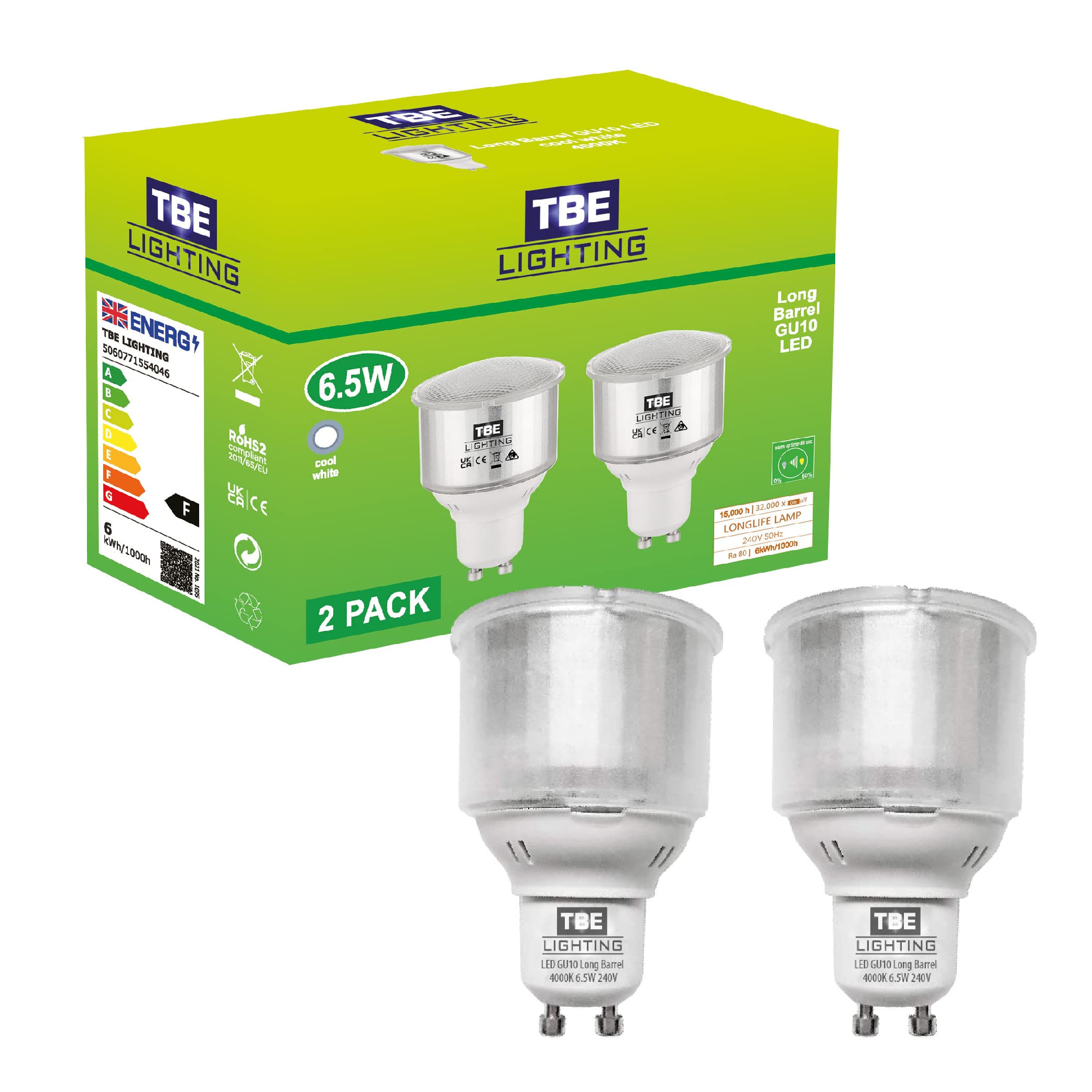 TBE LIGHTING 6.5w GU10 Spot Light Bulbs - 2 Pack - LED Long Barrel Reflector Bulbs with GU10 Base Fitting - 4000k Cool White - 650 Lumens - Replaces 11w CFL Bulb with Identical housing