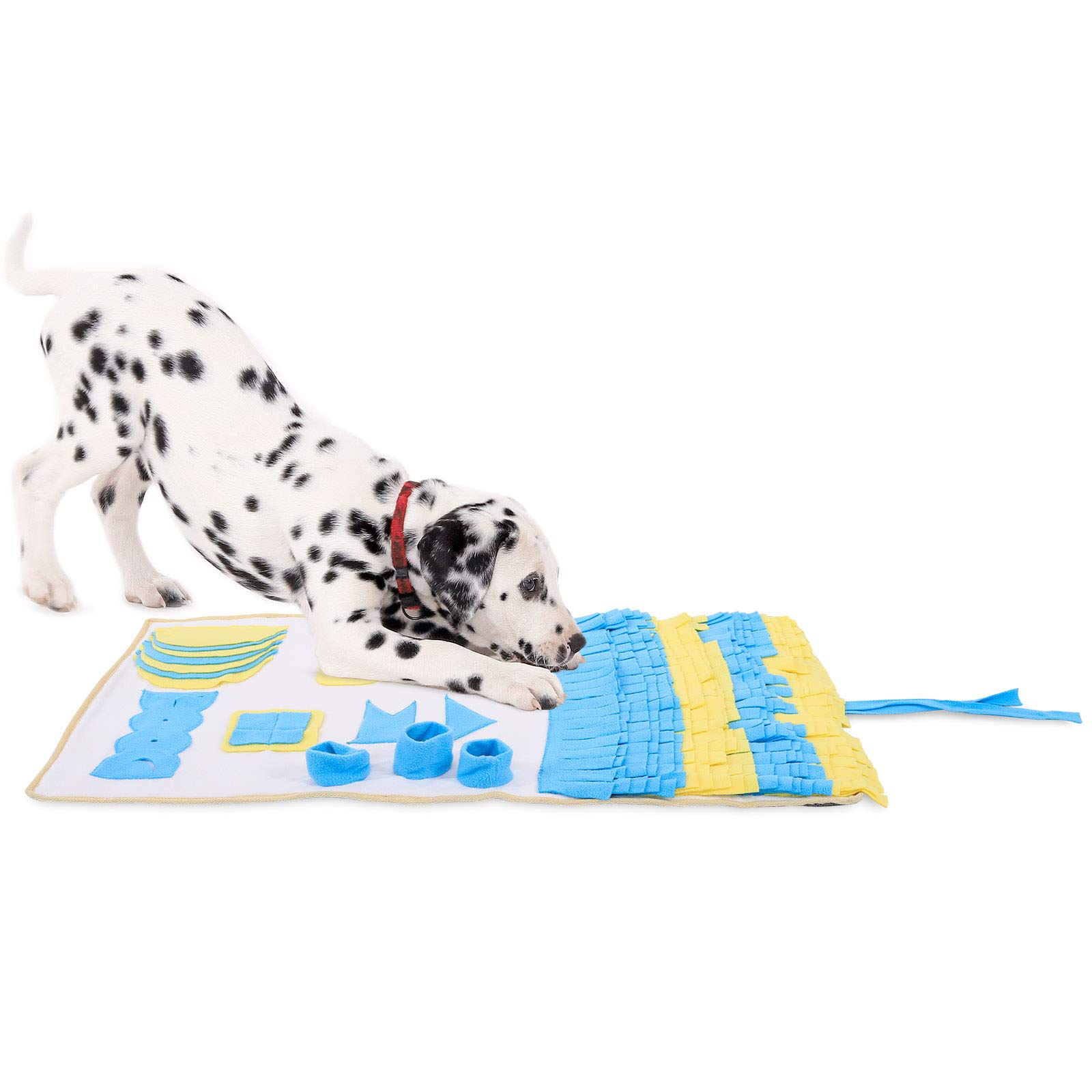 lionto Sniffer rug for dogs and cats, search mat to reduce stress and promote concentration, 100x60 cm, fleece rug is machine washable with non-slip underside, yellow/blue