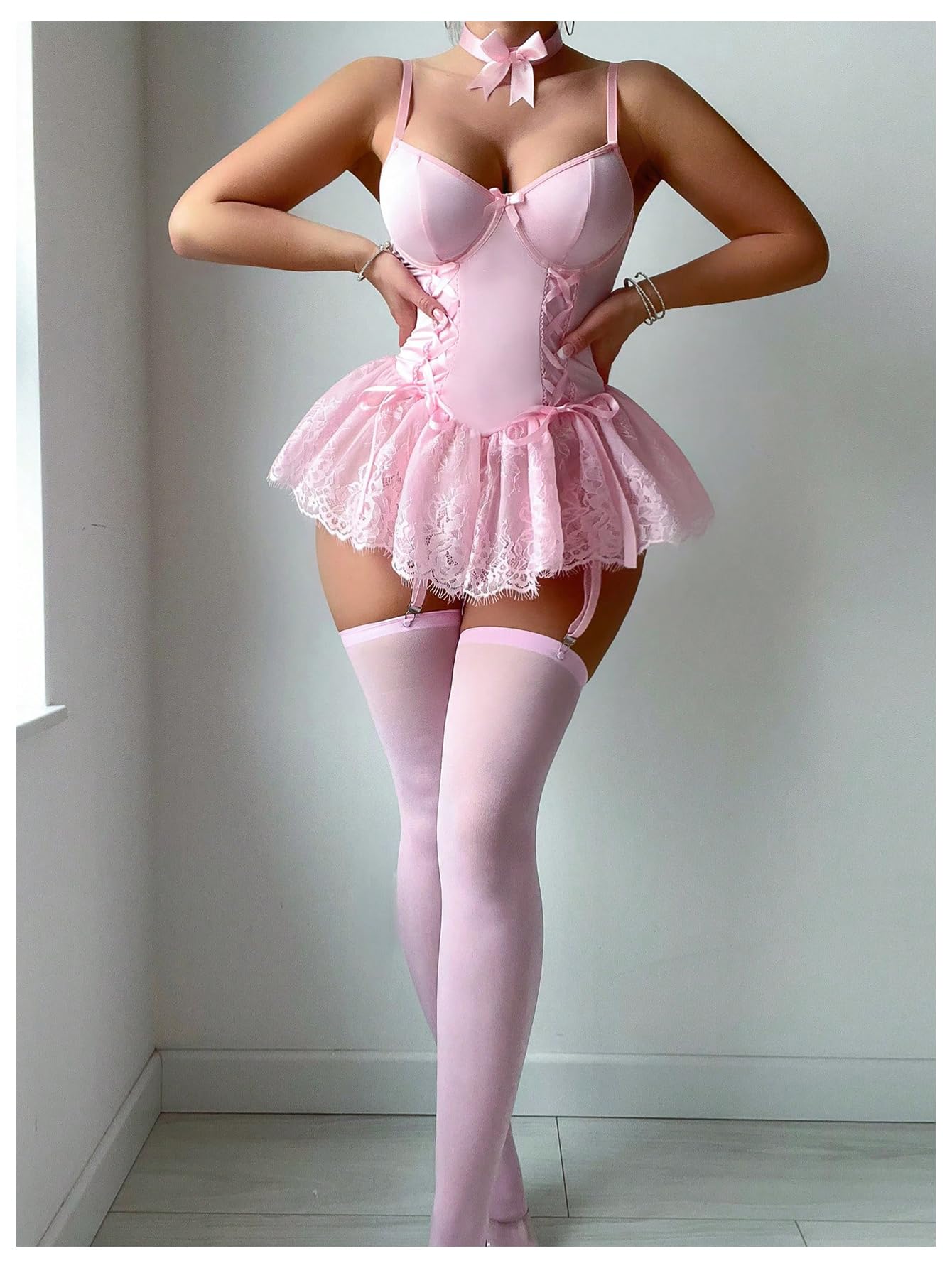 SHENHE Women's Lace Babydoll Garter Lingerie Dress with Thong and Stockings Set