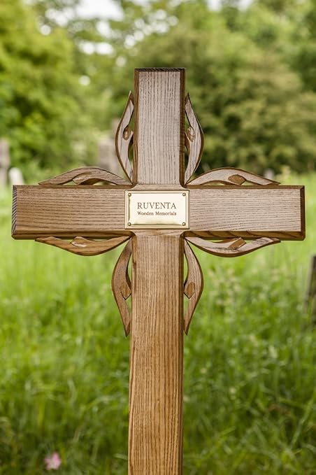 55" Wooden Memorial Cross Solid Oak Grave Marker Personalised Plaque