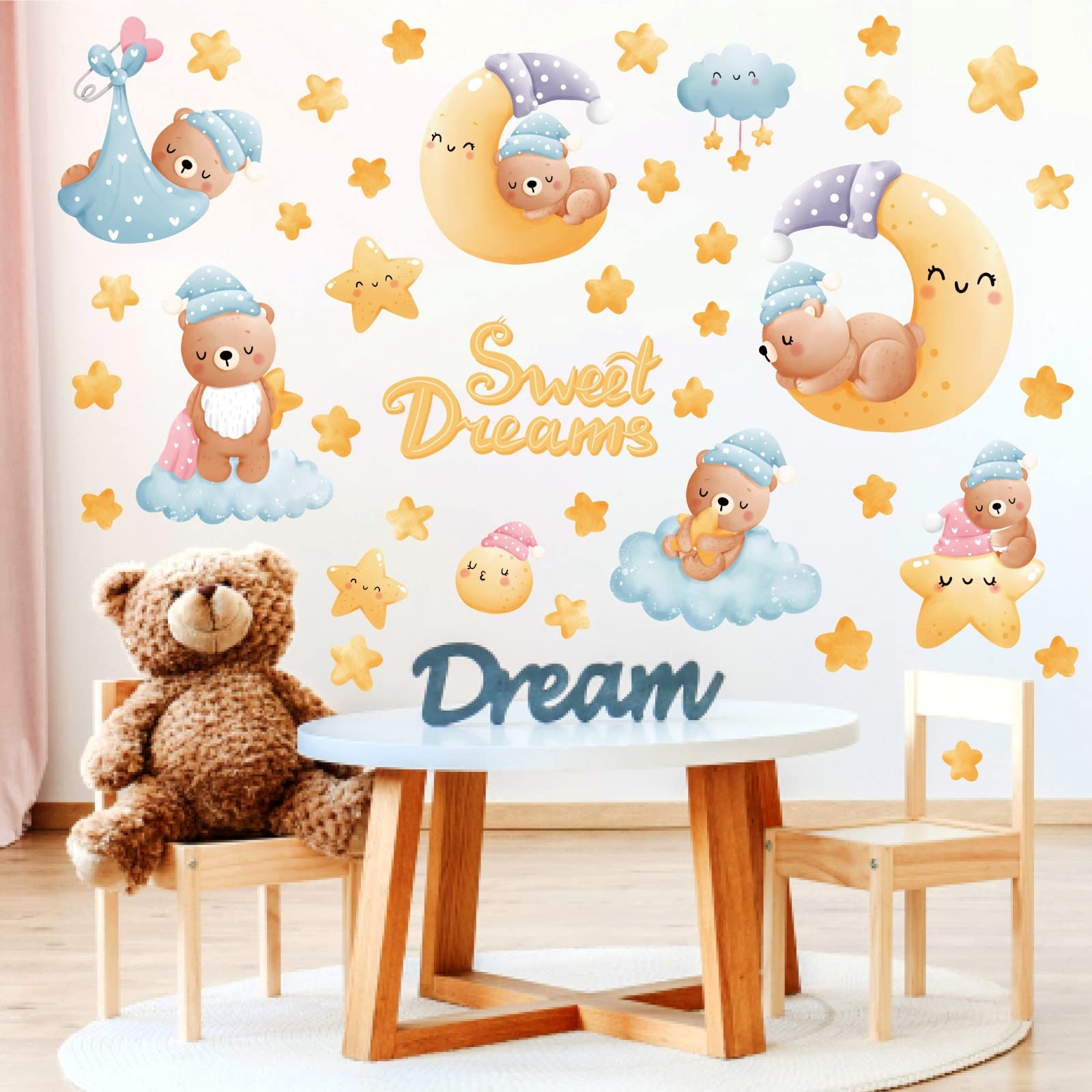 Baby Nursery Decor Bear Sleeping on The Moon and Stars Wall Stickers & Murals Kid Wall Sticker Sweet Dreams Wall Decal Removable Wall Art Gift for Boys Girls Bedroom Living Room Decoration Accessories