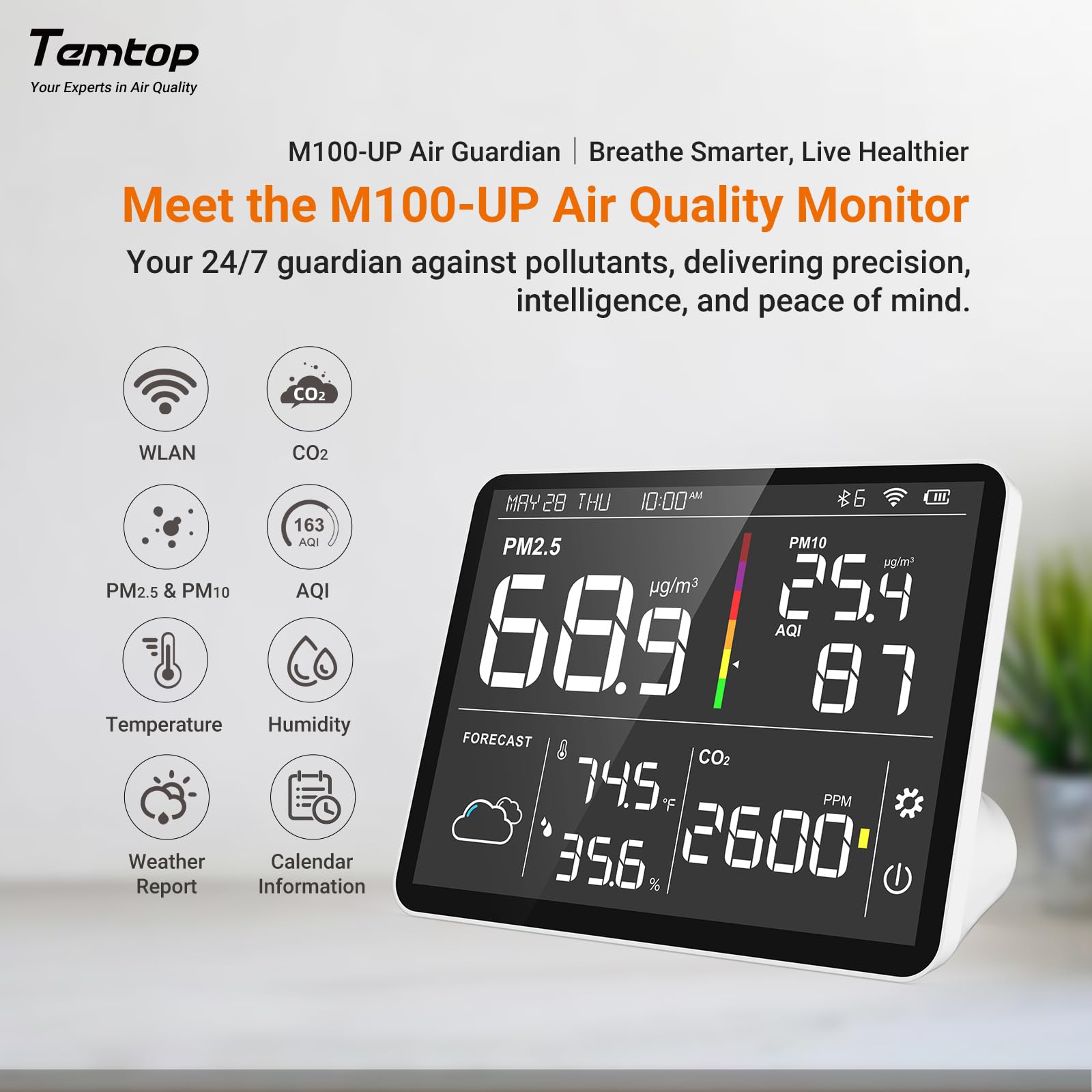 Temtop M100-UP Luftqualitätsmessgerät Wetterstation, 2.4G WLAN Bluetooth Thermometer mit App, 8-in-1 Luftqualitätsmessgerät (PM2.5/CO2/Temperatur/Feuchtigkeit) 2