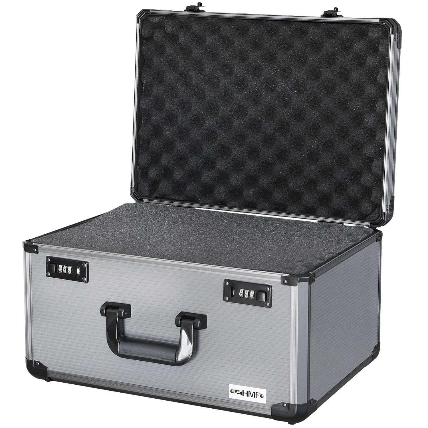 HMF Alu Camera Case with Pick and Pluck Foam, Camera Bag with Two 3-Digit Combination Locks, Foam Lid Insert | 46 x 33 x 15 cm | Grey