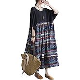 ENGLUCK Oversized Dress for Women Loose Fit Plus Size Baggy Dresses Patchwork Cute Artsy Printed O Neck with Pockets Black