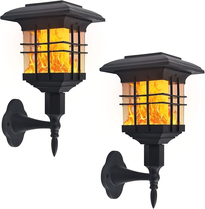 Outdoor Solar Wall Lights Sconces, 2 PK 51 LED Flicking Flame Wall