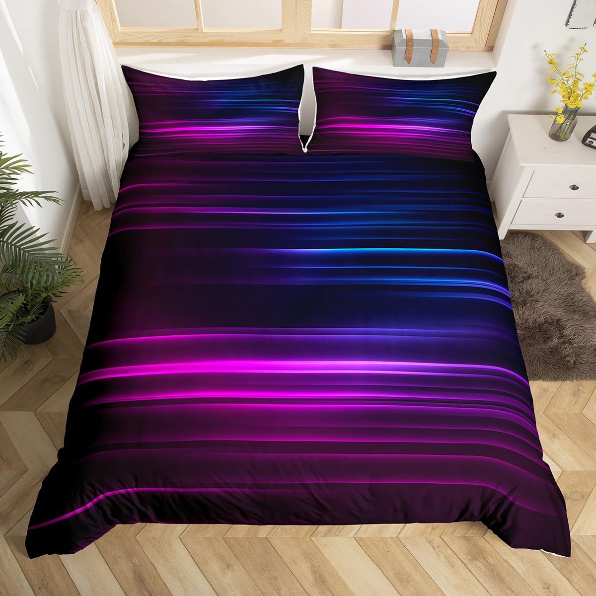 Homemissing Purple and Blue Ombre Bedding Set Double, Ombre Duvet Cover Ombre Striped Comforter Cover for Kids Toddler Abstract Art Bedspread Cover Microfiber Bed Set With 2 Pillow Case