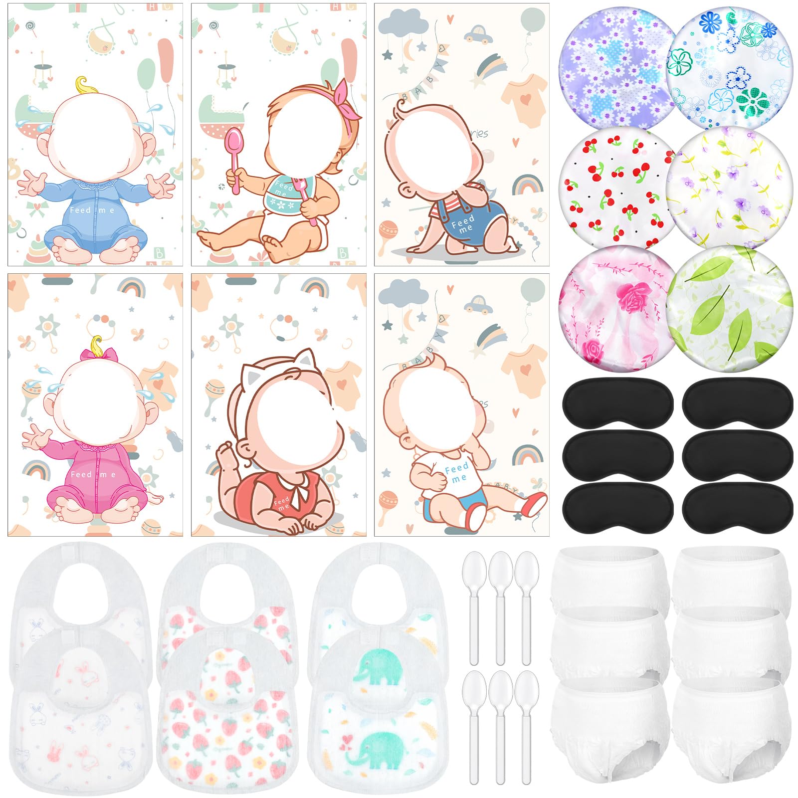 Photo 1 of Liitrsh 6 Set Funny Blindfolds Baby Shower Games Feed Me Baby Shower Games Set Include Eye Mask Bib Spoon Diaper Cap Foam Board Gender Reveal Activities Play for Guests Gender Reveal Party Favor Gifts