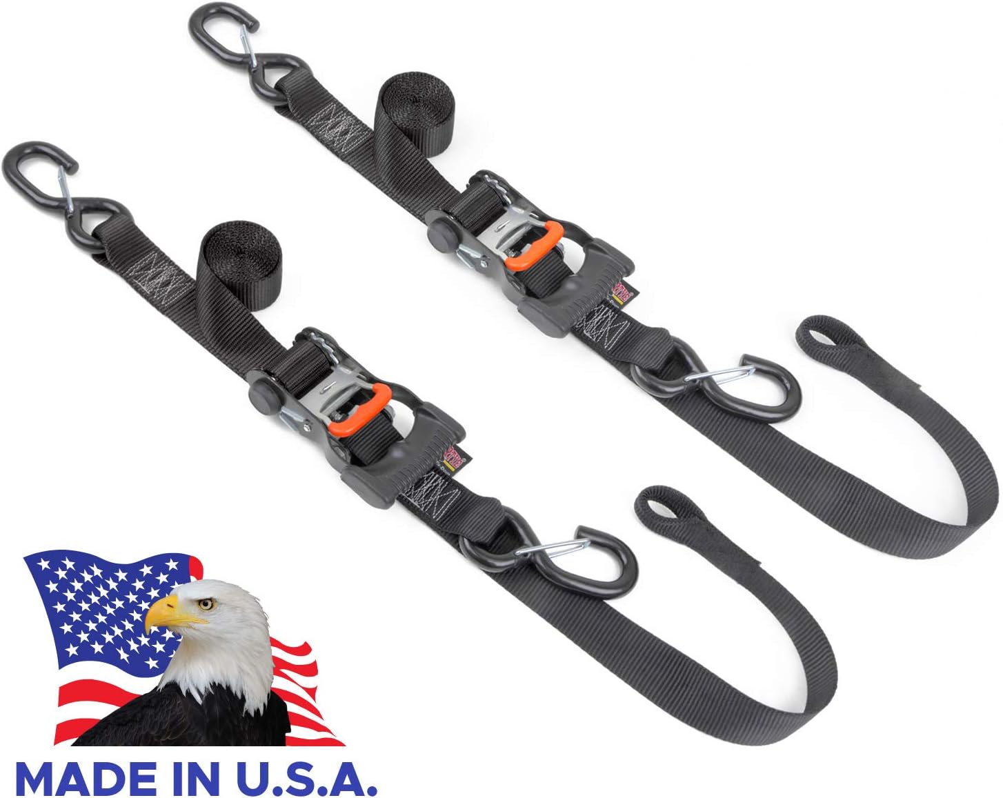 PowerTye 1.5in x 6.5ft Ergonomic Locking Ratchet Soft-Tye Straps with Heavy-Duty Latch Hooks - Made in USA - 1,000 lb. Working Load Limit / 3,000 lb. Breaking Strength - Black/Black (Pair)