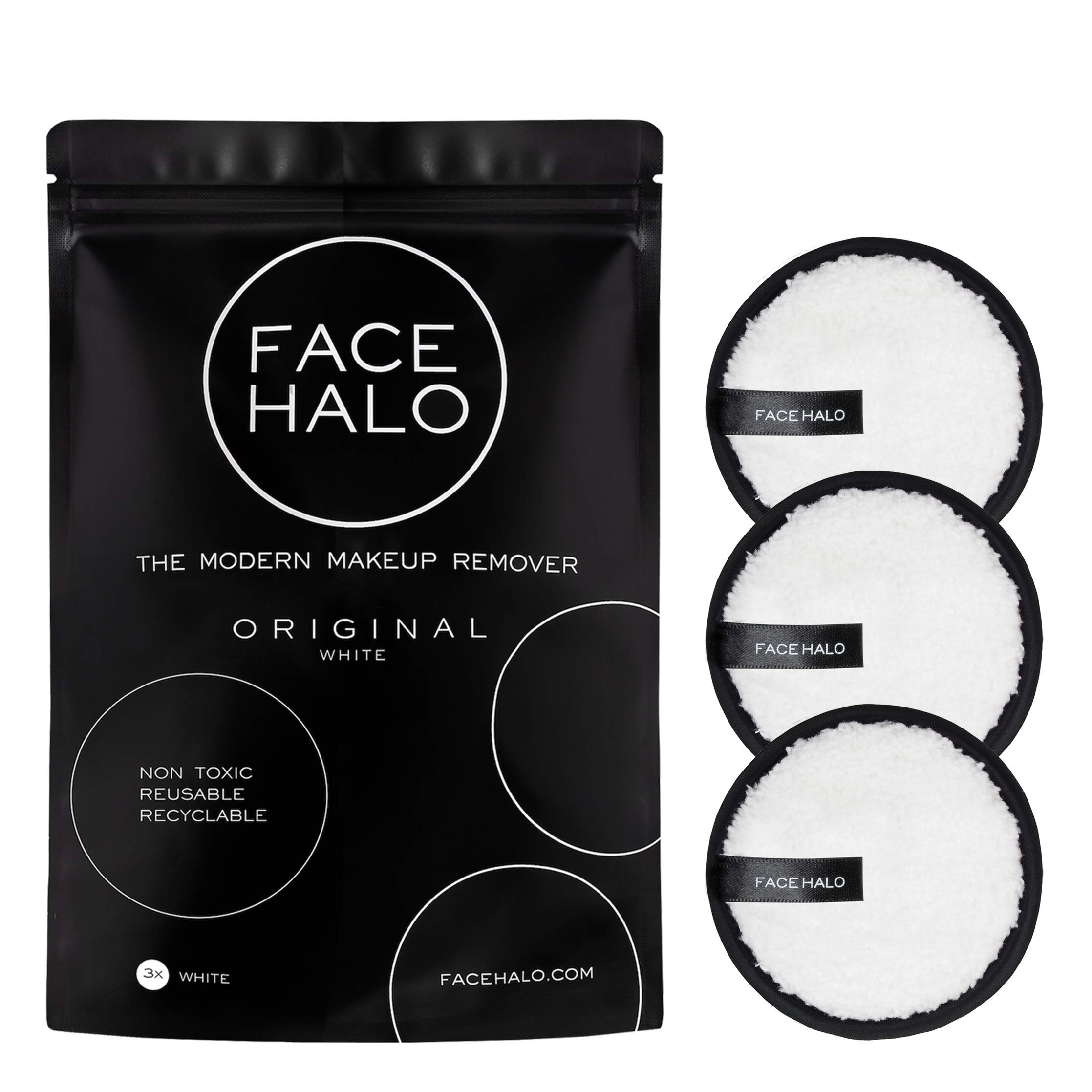 Face Halo Original Makeup Remover, Eco-Friendly, Reuseable, Vegan Friendly, White, Set of 3 (Pack of 1)