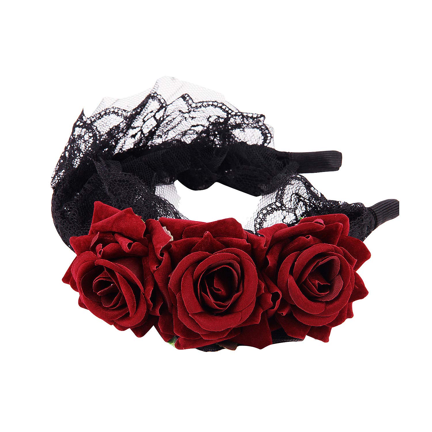 Gothic Rose Headband Black Lace Flower Crown Day of The Dead Headband Halloween Costume Headdress Cosplay Headpiece Accessories Bride Rose Hair Hoop for Gothic Wedding Festival Photoshoot