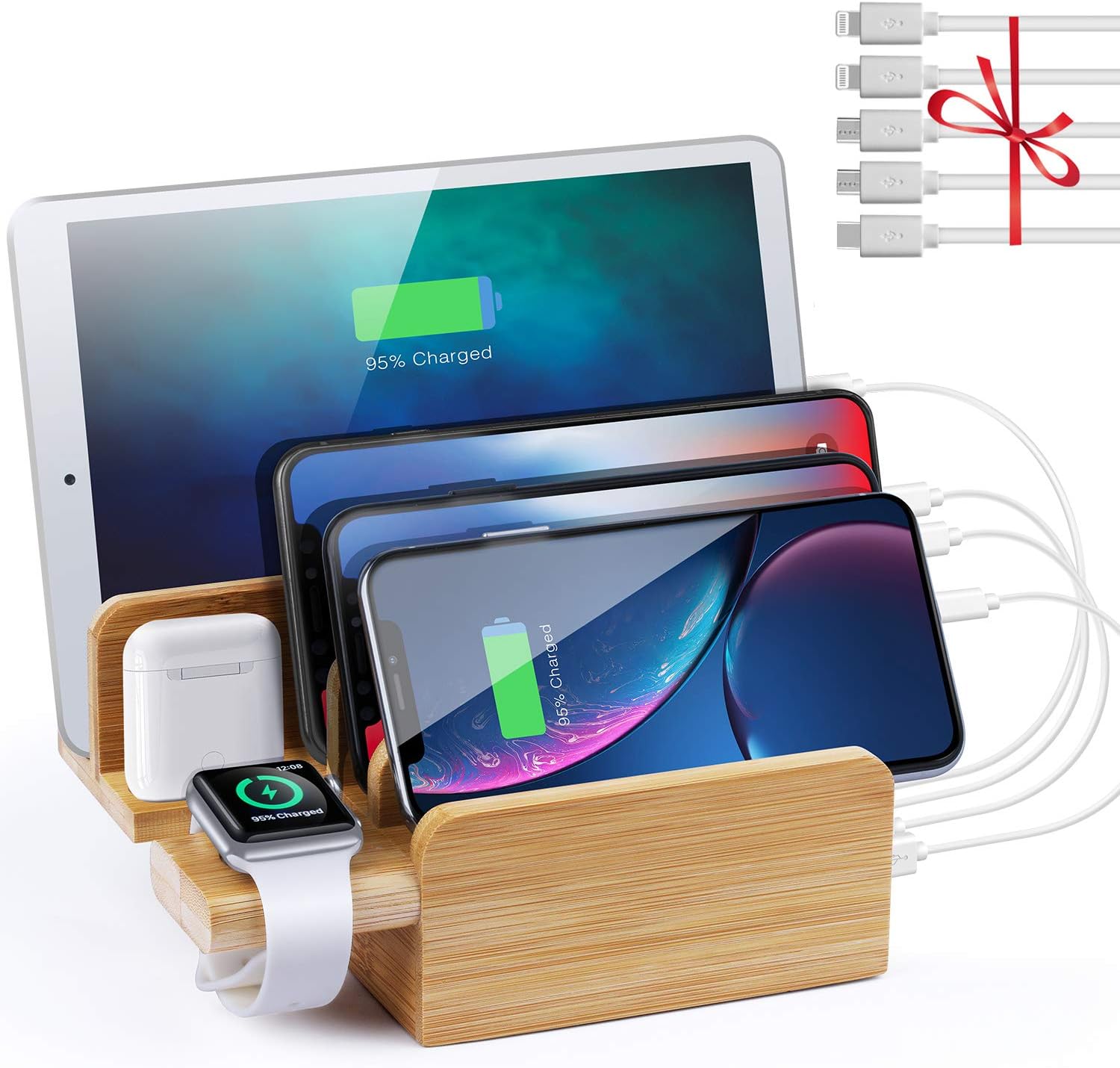 Sendowtek Bamboo Usb Charging Station Apple Watch Stand 6 Port 40w Usb C For Samsung S10 9 8 7 Iphone Charging Dock For Xr X Xs 8 8 7 7plus Pad Earpods 5 Pack Cables Amazon Co Uk Electronics