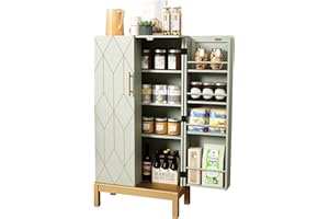 HOLTICO 45'' Kitchen Food Pantry Storage Cabinet with Doors and Adjustable Shelves for Kitchen,Dining Room,Living Room and Garage,Gold Lines and Legs,Green.