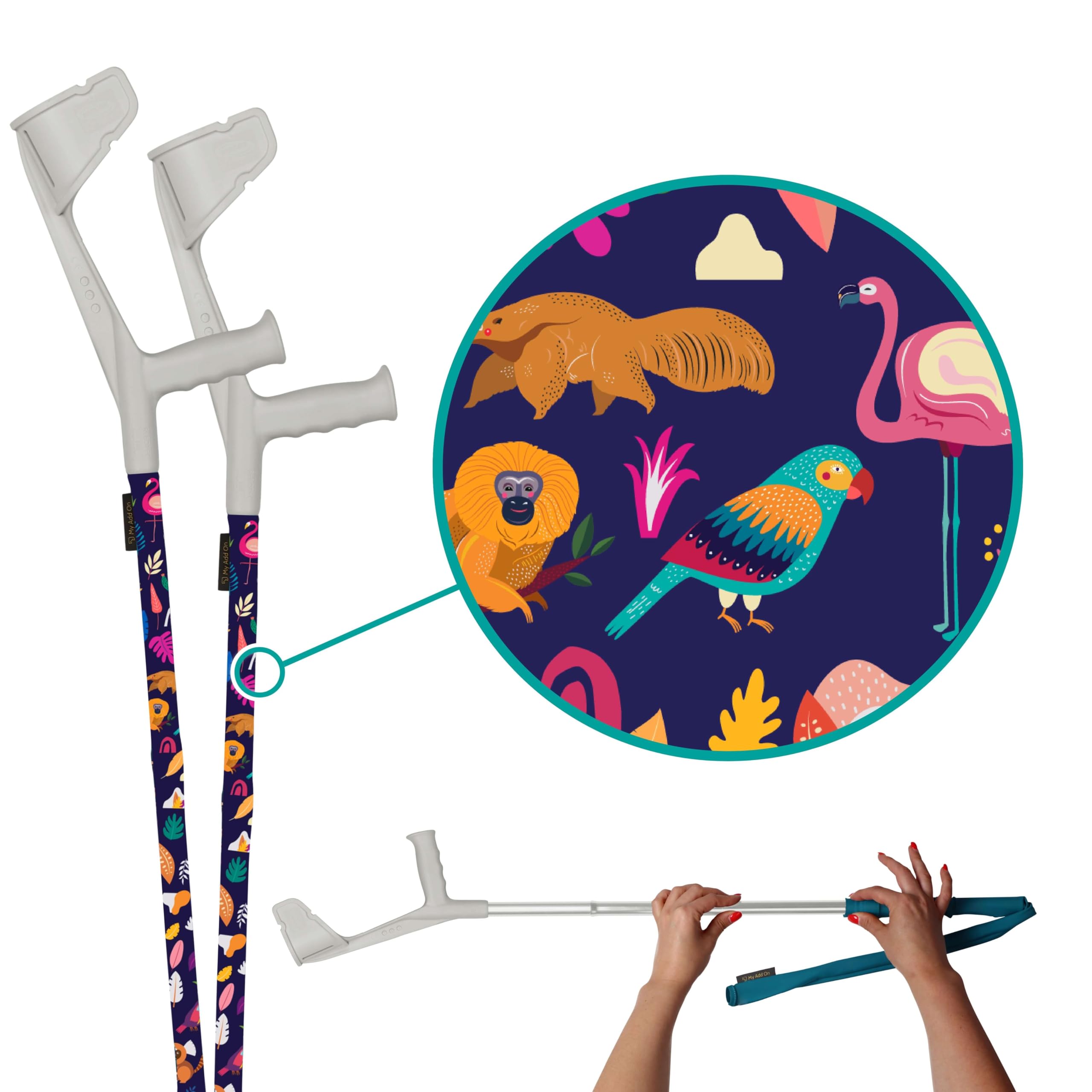 myCover Animal - Trendy Cover for Crutches and Canes - Fits All Crutches & Walking Sticks, Elastic Washable Fabric - 2 Pieces