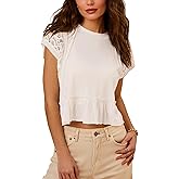ZIZERY Women's Tops Cropped Hollowed Out Crewneck Cap Sleeve Shirt Cute Ladies Casual Summer Blouses