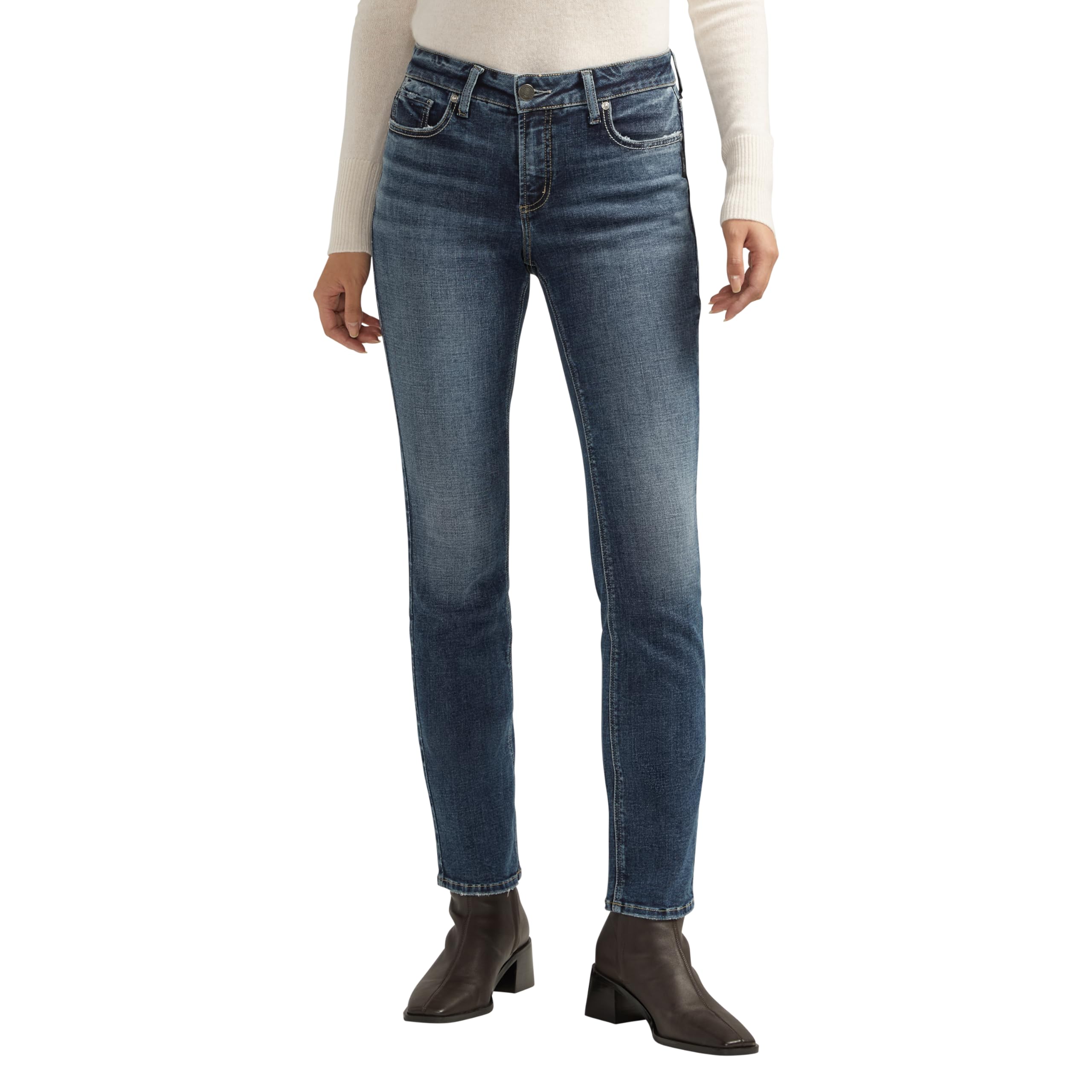 Silver Jeans Co. Women’s Elyse Mid Rise Comfort Fit Straight Leg Jeans, Indigo. 25W x 31L
