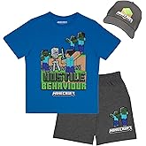 Minecraft Boys 3-Piece Set - Short Sleeve Graphic T-Shirt, Shorts, and Baseball Cap Outfit for Kids