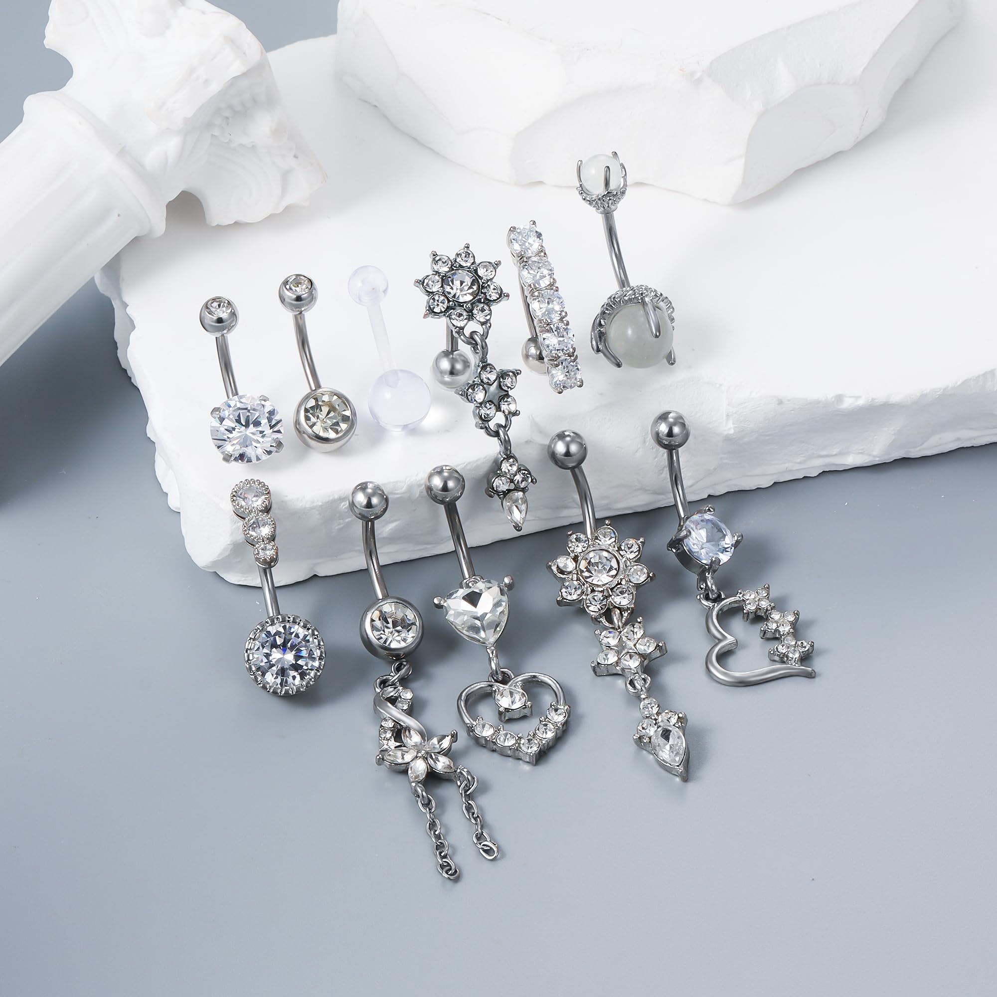 Vsnnsns 14G Dangle Belly Button Ring Piercing Jewelry 316L Stainless Surgical Steel Heart Flower CZ Reverse Navel Rings Dangling Belly Button Ring Piercing Jewelry for Women 14 Gauge Hypoallergenic