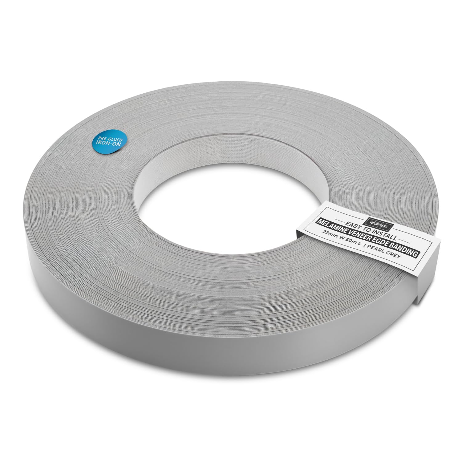 WoodPress® 22mm Pearlised Grey Melamine Pre-Glued Veneer Edging Tape – 50m Trade Roll – Iron-On Wood Application