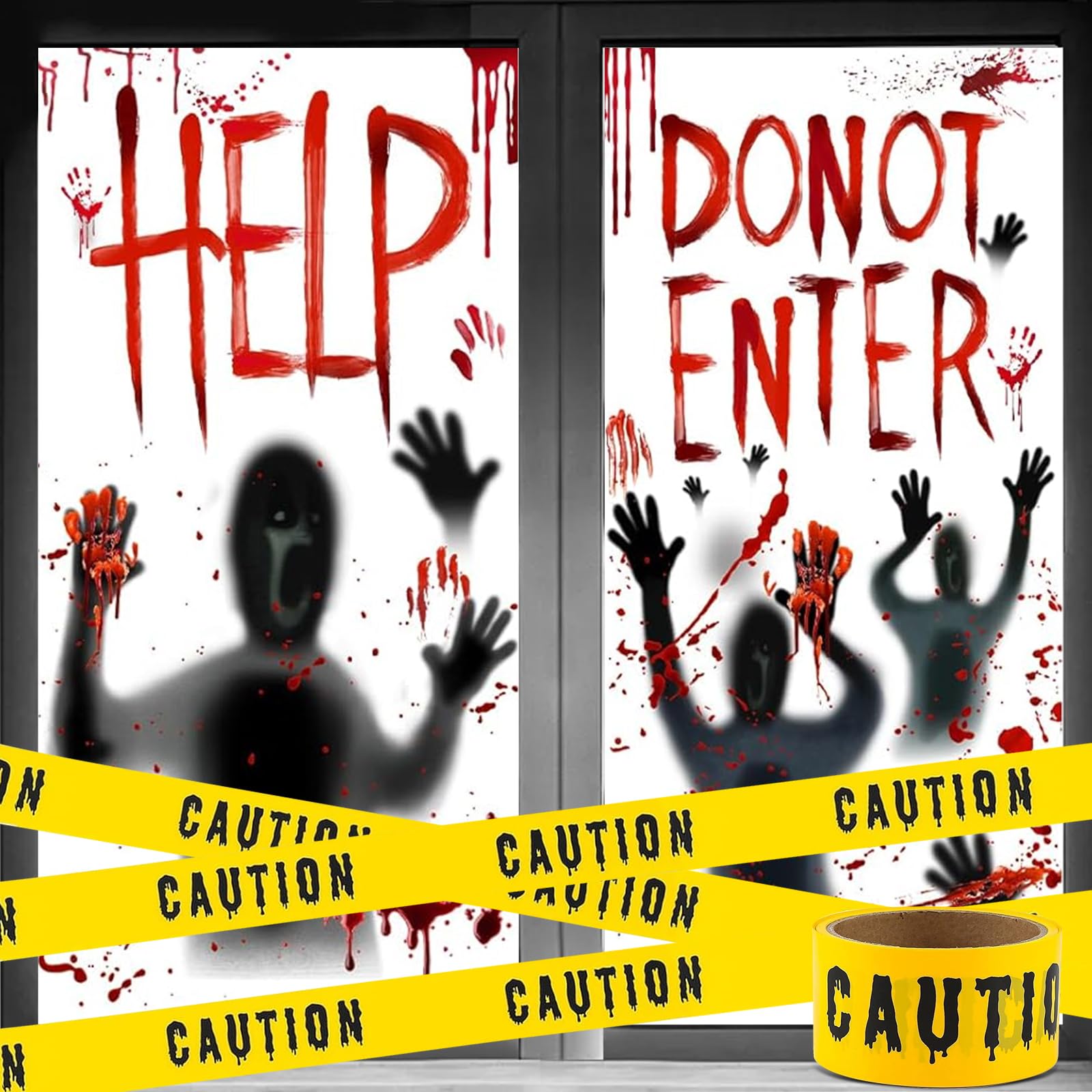 TATAFUN 2 Pieces Halloween Window Stickers, 1 Yellow Caution Tape, PVC Waterproof, Glass Surface, Rectangular Stickers, Reusable, Black, Bloody Hand & Caution Tape, Halloween Decor