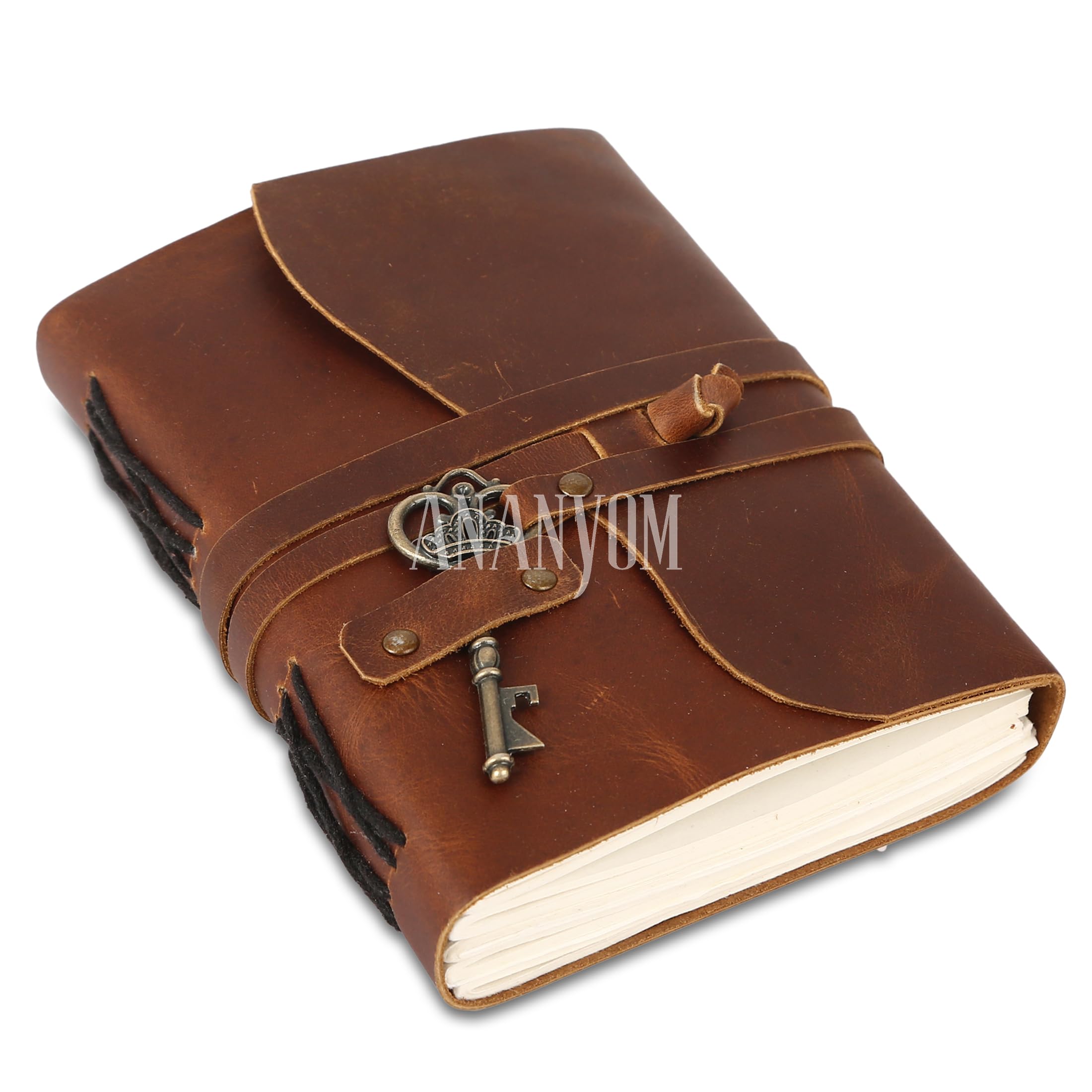 ANANYOM Vintage Leather Journal Notebook for Women & Men 8x6 inch Handmade paper 200Pages – Brown Genuine Leather Diary & Sketchbook | Strap Bound Vintage Writing Notebook