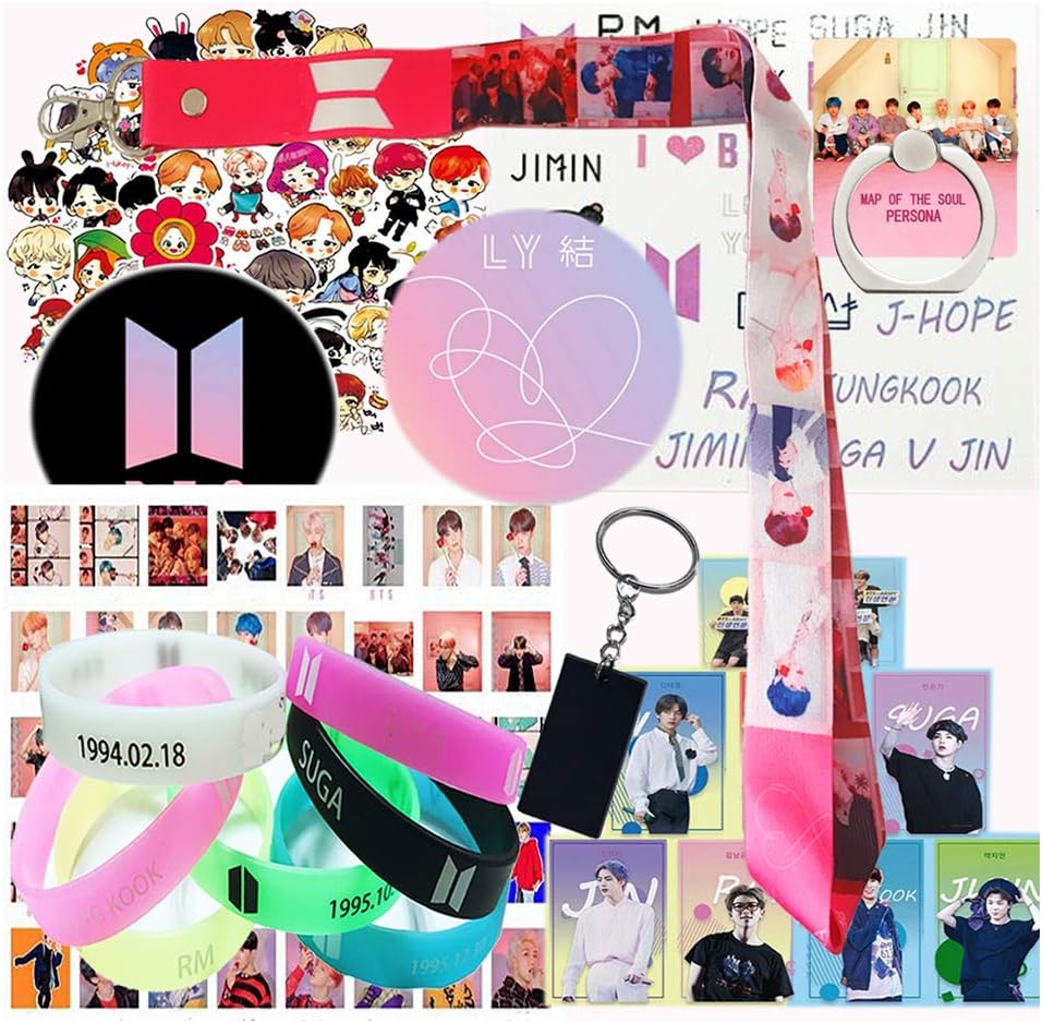 Fans Set ,1 Pack Lanyard, 7 Pack Bracelet, 8 Pack Ins Photocards, 1 Pack Tattoo Sticker, 1 Pack Phone Ring Stand, 1 Pack Keychain, 32 Pack Postcard, 63 Pcs Laptop Stickers, 2 Pack Button Pin