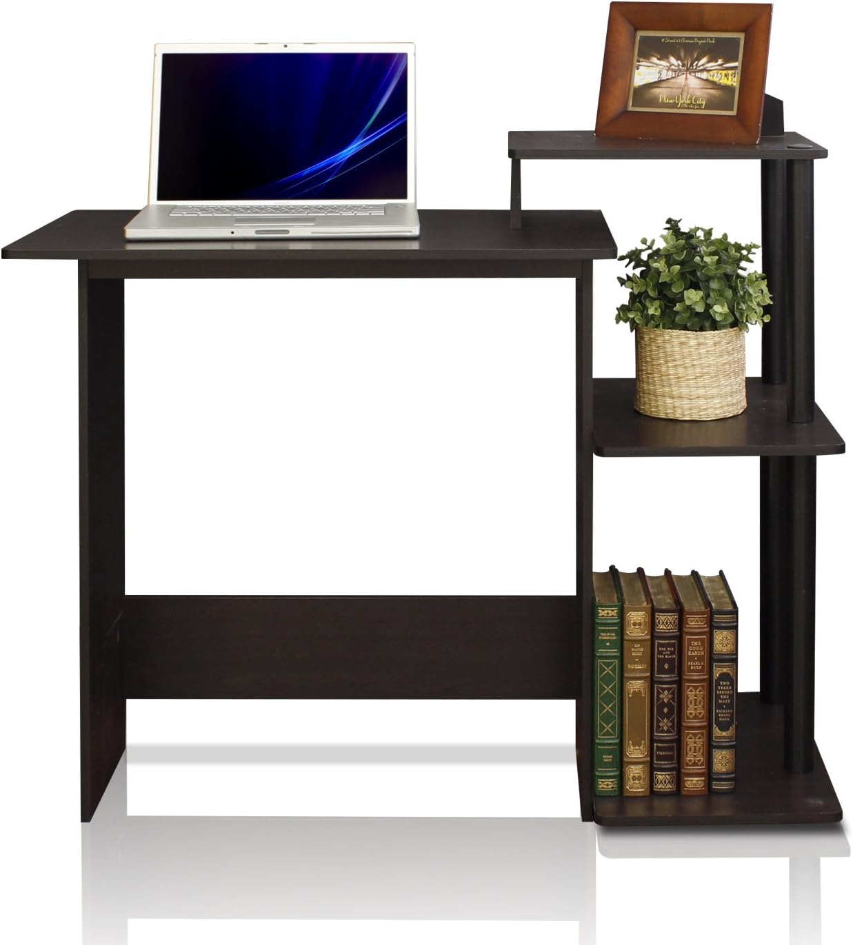 FURINNO Efficient Home Laptop Notebook Computer Desk, Square Side Shelves, Espresso/Black: Furniture & Decor