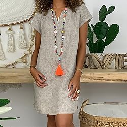 Women's Summer Cotton Linen Dress Loose V-Neck