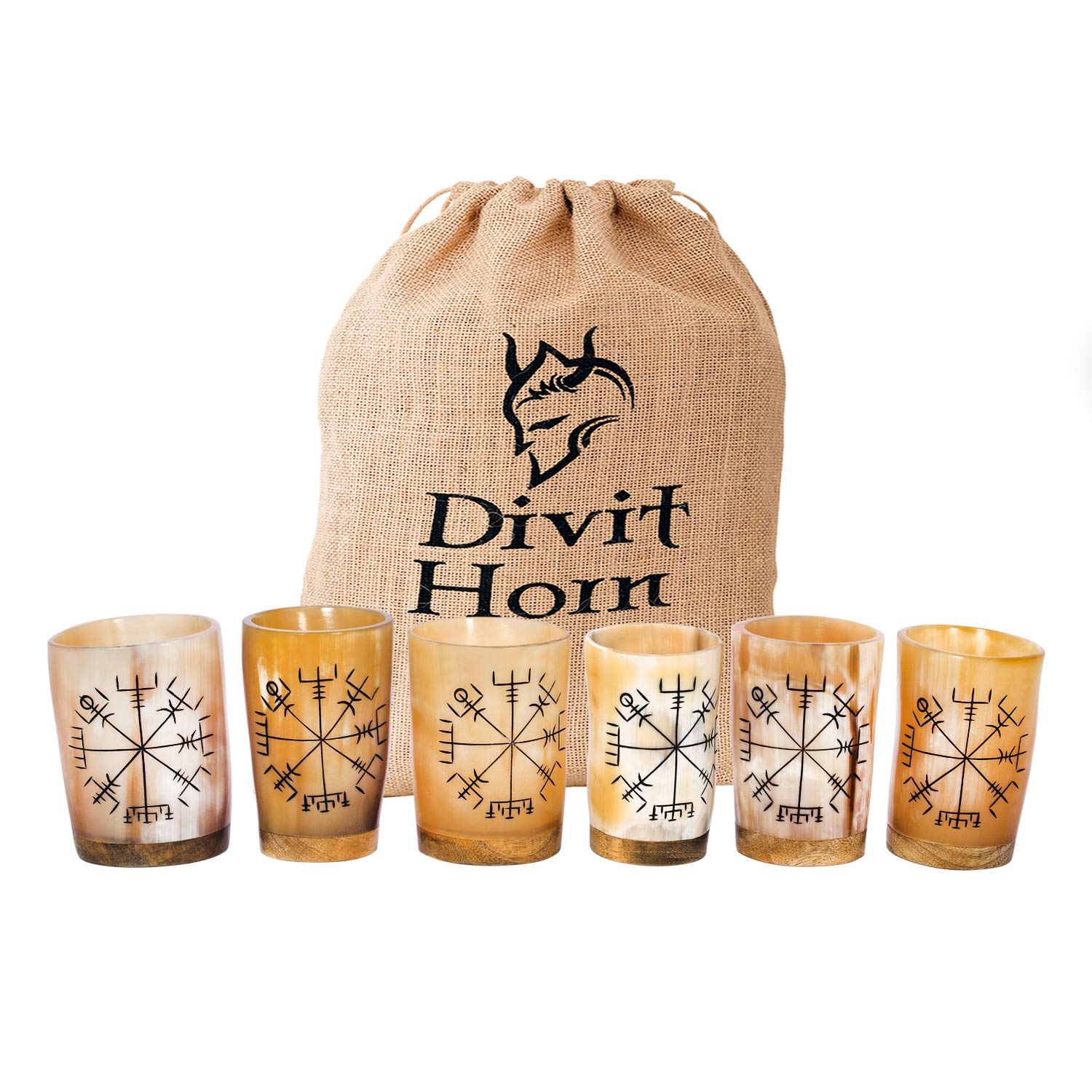 Divit Horn Genuine Viking Drinking Horn Mug | Authentic Medieval Beer Horn Tankard | 24oz Capacity Horn Cup/Stein. (White Shot Glass, Polished (Set of 6))