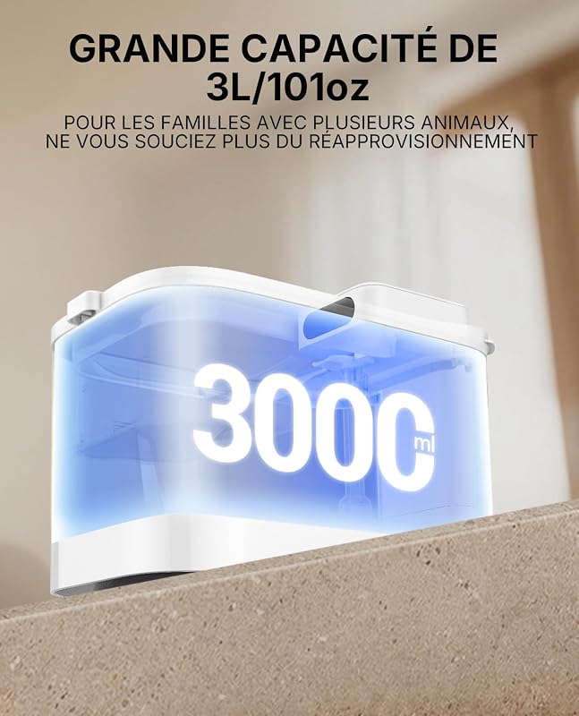 Fontaine à Eau Intelligente pour Chats, 3L sans Fil, Longévité de la Batterie, Modes de Débit Multiples, Ultra Silencieuse 26dB,Facile à Nettoyer, Contrôle Via App Bluetooth Courte Portée