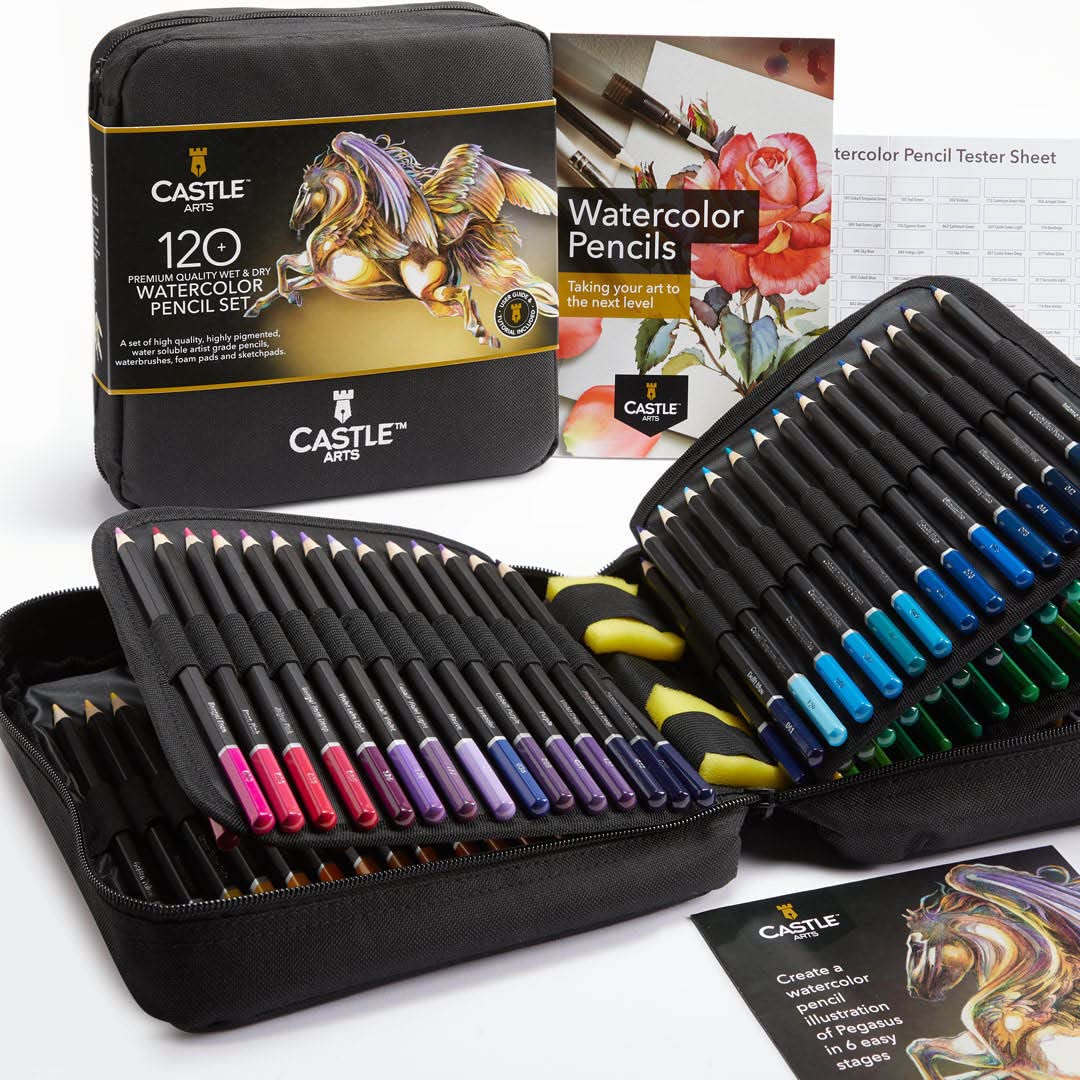 Castle Art Supplies 120 Watercolour Pencils Set with Extras | Quality Vibrant Pigments | Draw and Paint at the Same Time | for Adult Hobbyists, Professionals | in Carry-Anywhere Travel Case
