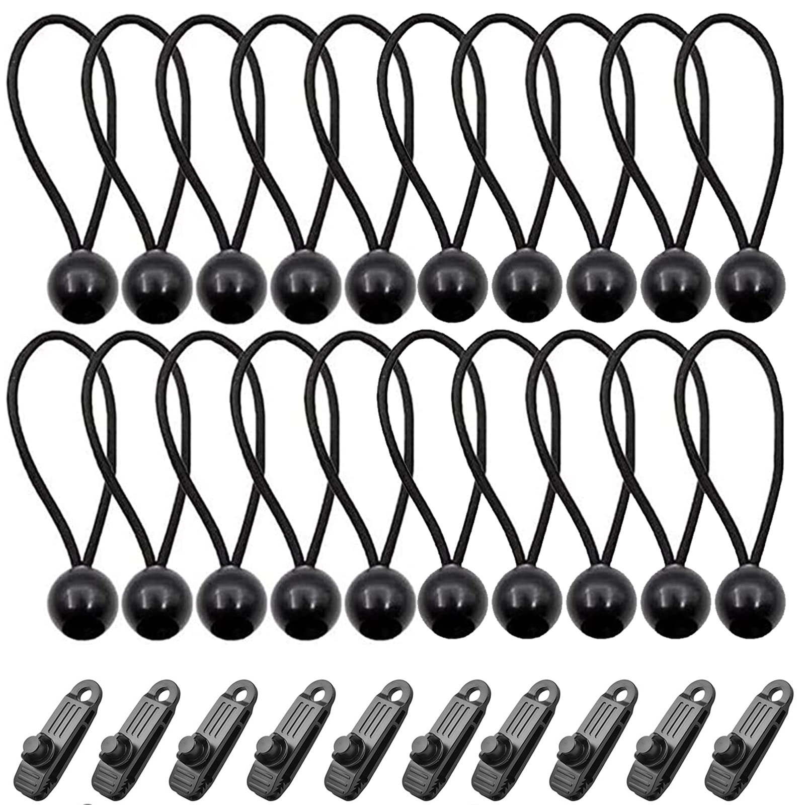 20 Pcs Bungee Cords Bungee Ball With 20Pcs Tarp Clips Long Loop Regular Ball Bungees Tie-down Bungie Cord Pack with Balls, Elastic Ties Bungy Cords Balls for Tarpaulins,Marquees,Tents Banners